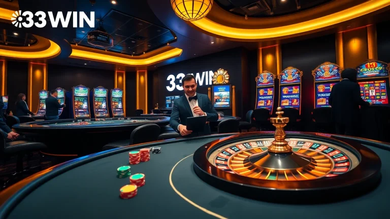 Players winning at 33WIN casino with poker chips and a roulette wheel.