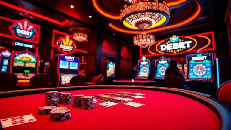 Cổng Game DEBET offers an exhilarating experience with vibrant casino visuals featuring gaming tables and slot machines.