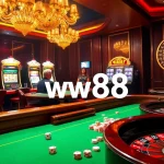 Engaging scene of players at a poker table representing Đăng nhập ww88 in a luxurious casino atmosphere.