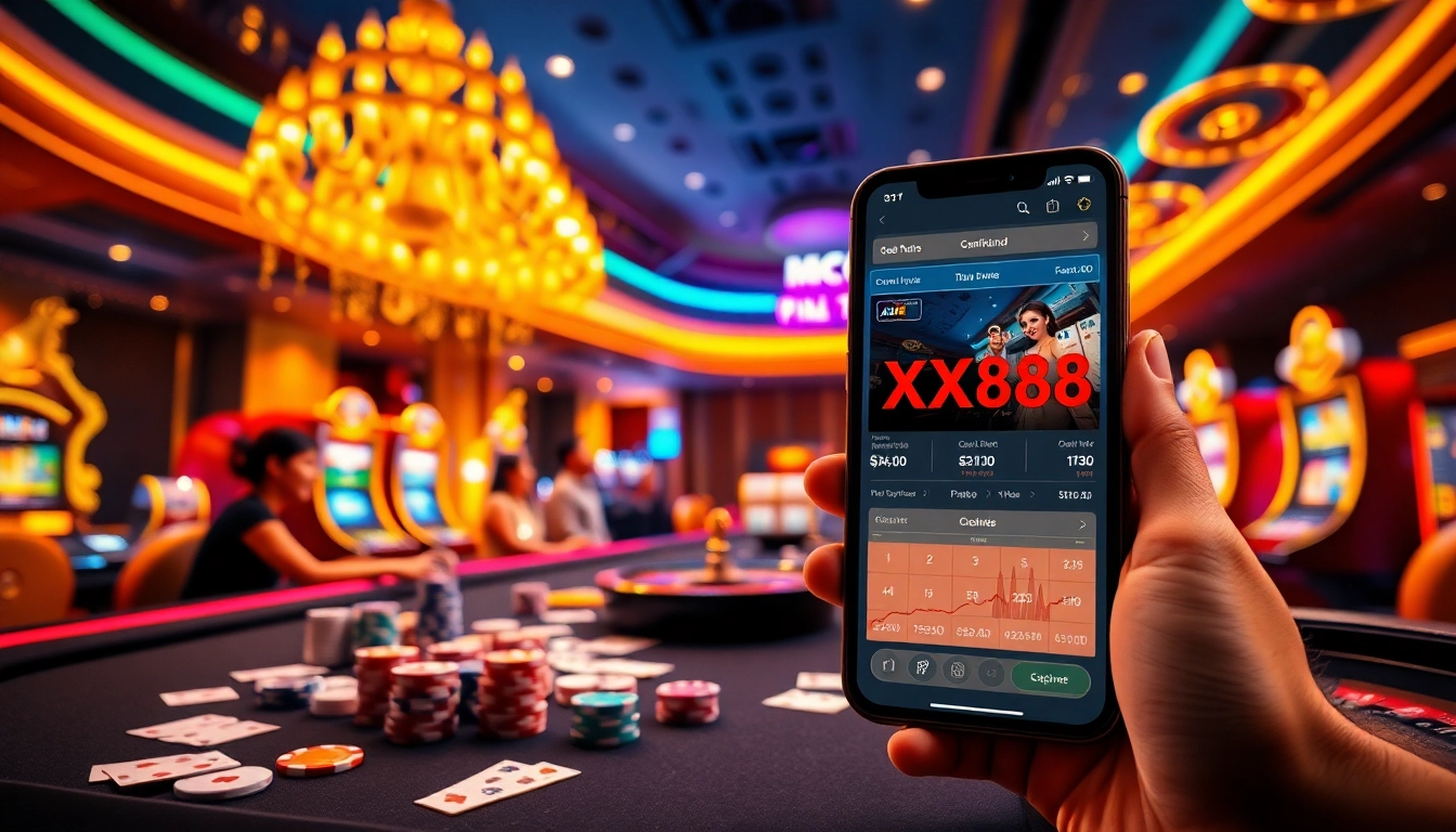 Experience the thrill of XX88 gaming as players engage with colorful casino tables and slot machines.