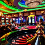 Engaged gamblers playing at a stylish casino featuring F168 slot machines and poker tables.