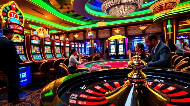 Engaged gamblers playing at a stylish casino featuring F168 slot machines and poker tables.