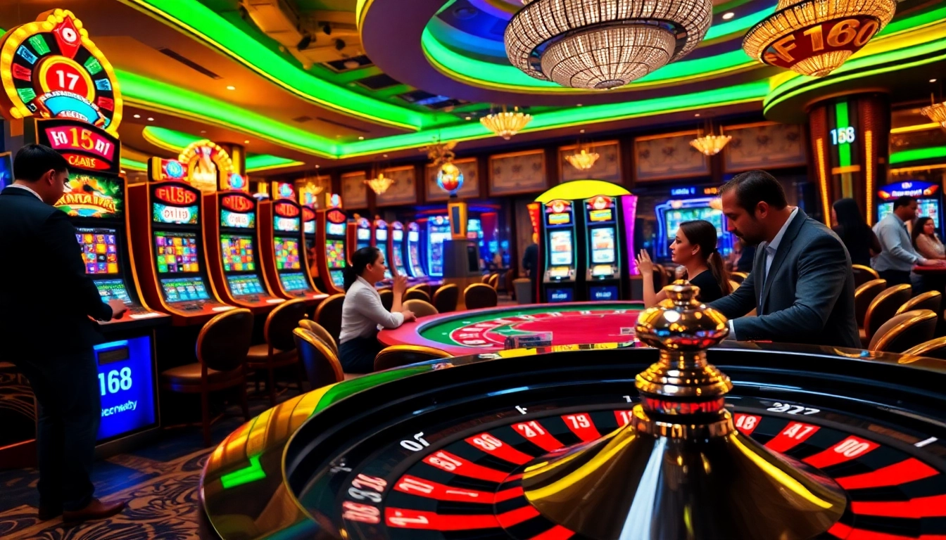 Engaged gamblers playing at a stylish casino featuring F168 slot machines and poker tables.
