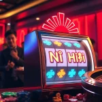 Nổ hũ jackpot excitement showcased in a vibrant casino scene with slot machines and poker chips.