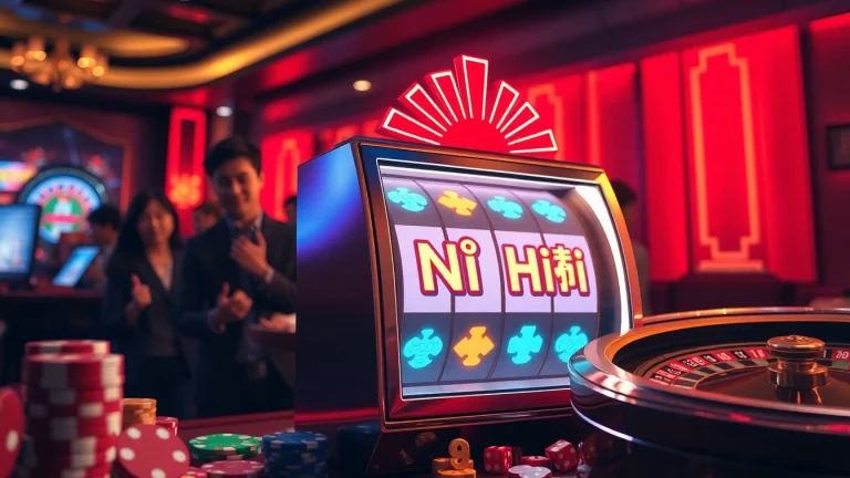 Nổ hũ jackpot excitement showcased in a vibrant casino scene with slot machines and poker chips.