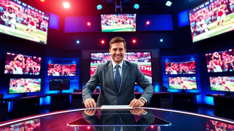 Engaging sports broadcasting studio with a dynamic host, equipped for live coverage.