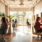 Omnia Salon interior showcasing stylists working on clients with Aveda products in a welcoming atmosphere.