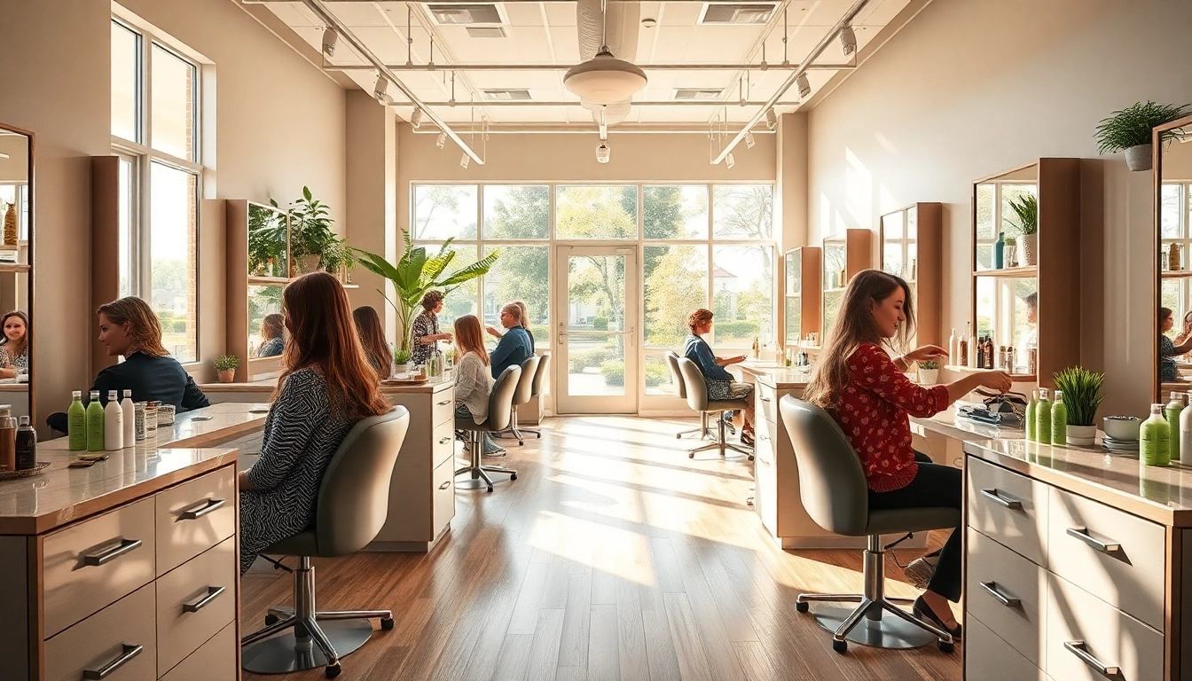 Omnia Salon interior showcasing stylists working on clients with Aveda products in a welcoming atmosphere.
