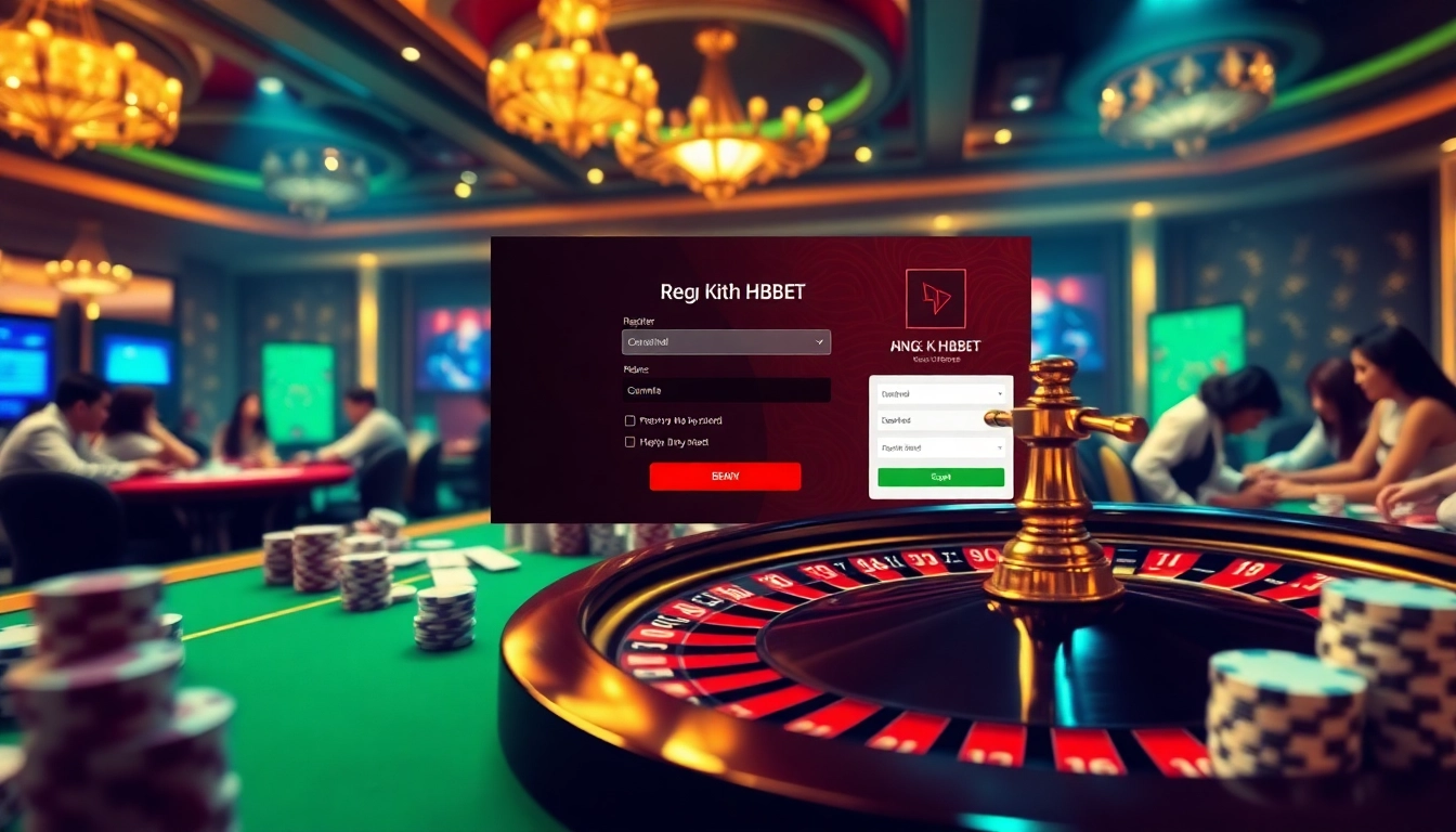 Engage in ĐĂNG KÝ HBBET with a luxurious casino atmosphere featuring roulette and poker elements.