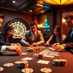 Enthusiastic players engaging in a high-stakes game at https://s666hn.com/ casino table, showcasing poker chips and cards.