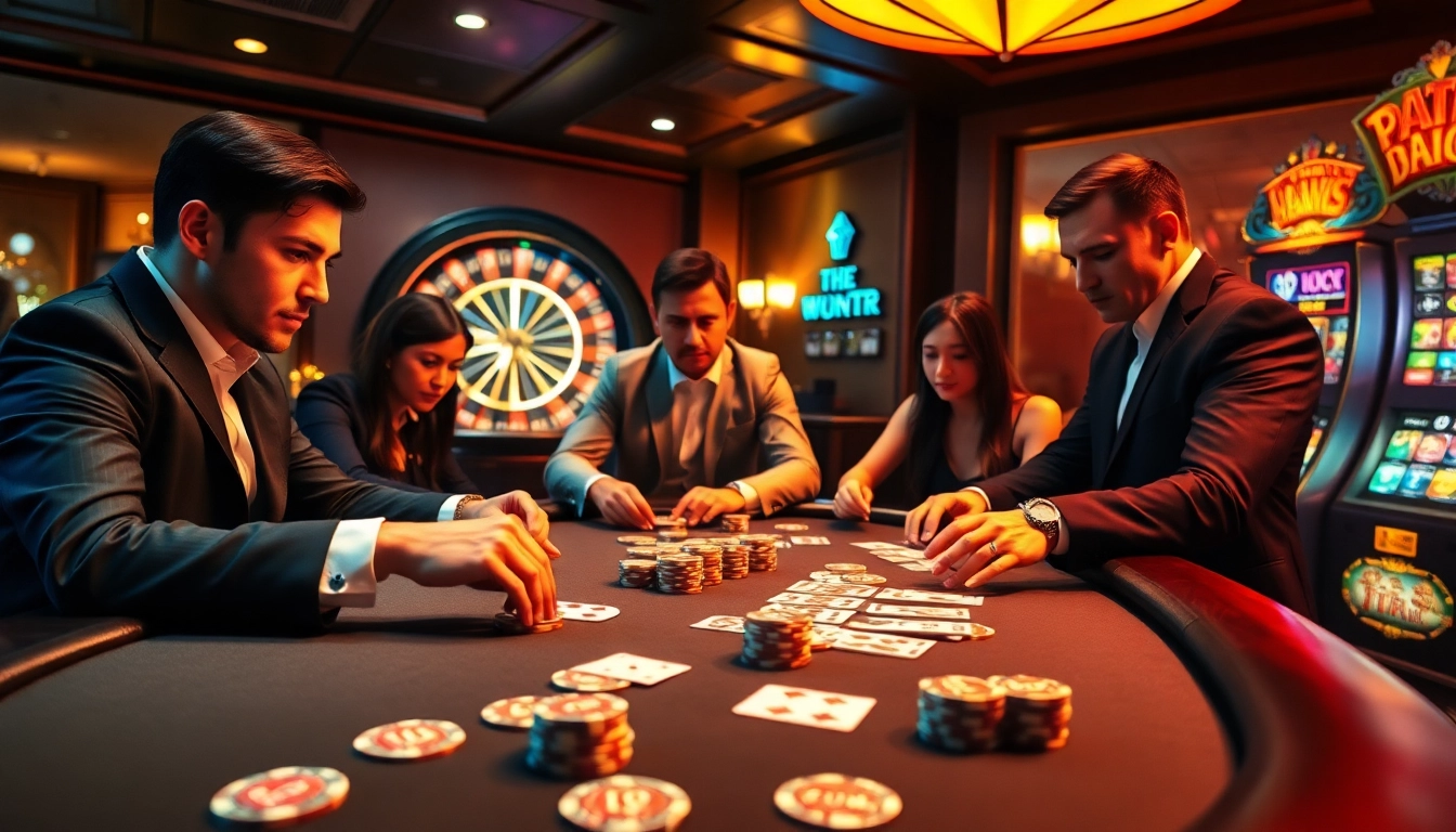 Enthusiastic players engaging in a high-stakes game at https://s666hn.com/ casino table, showcasing poker chips and cards.