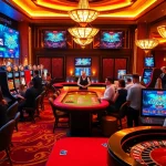 Engaging players at vibrant slot machines and poker tables at https://f8bet.io/ casino, capturing excitement and luxury.