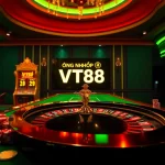 Engage with the exhilarating atmosphere of ĐĂNG NHẬP VT88 at a luxurious casino table filled with vibrant poker chips and dynamic slot machines.