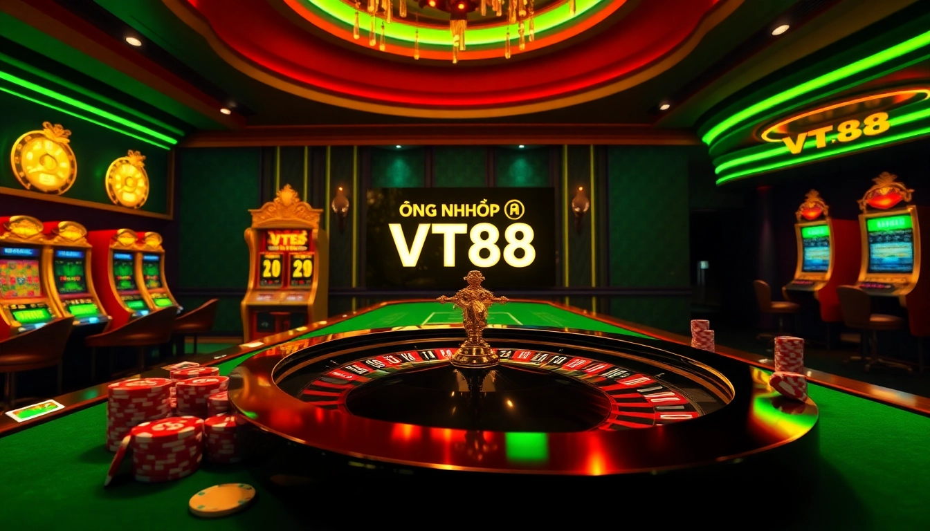 Engage with the exhilarating atmosphere of ĐĂNG NHẬP VT88 at a luxurious casino table filled with vibrant poker chips and dynamic slot machines.