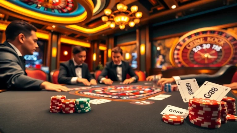 Engage in high-stakes poker with GO88 at an elegant casino setting, featuring vibrant chips and cards.