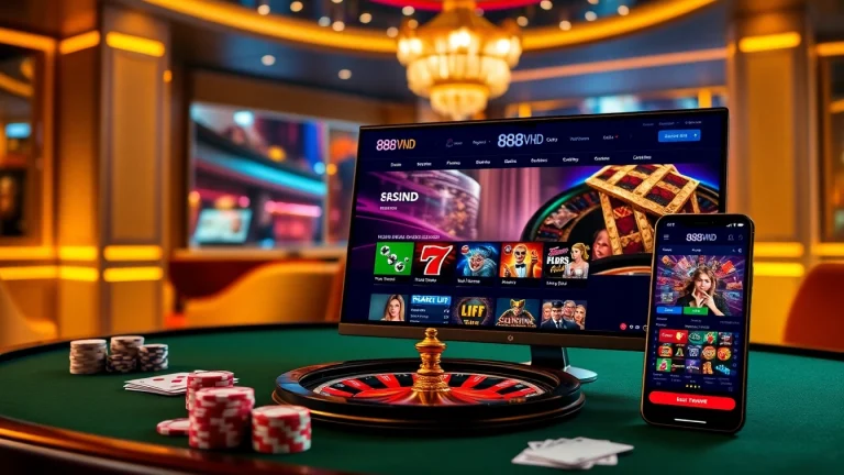 Engaging gambling experience on Trang chủ 888VND with poker chips and roulette.