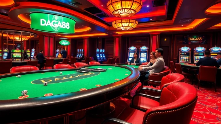 DAGA88 players enjoy thrilling gameplay at luxury casino tables with vibrant decorations and exciting atmosphere.