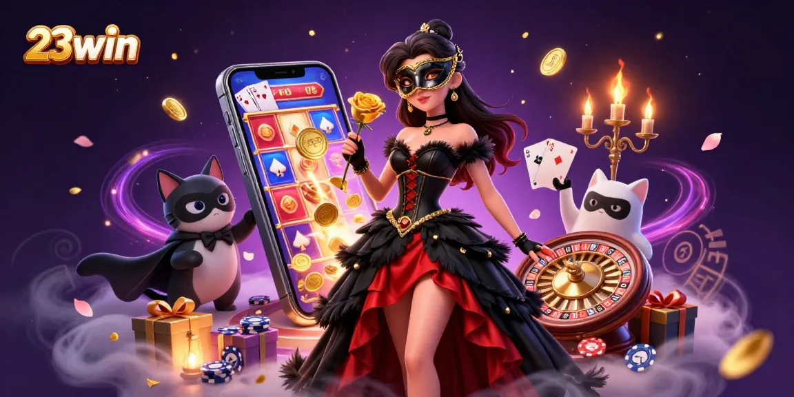 Engage with 23win's vibrant slot games featuring stunning characters, golden coins, and immersive casino elements.