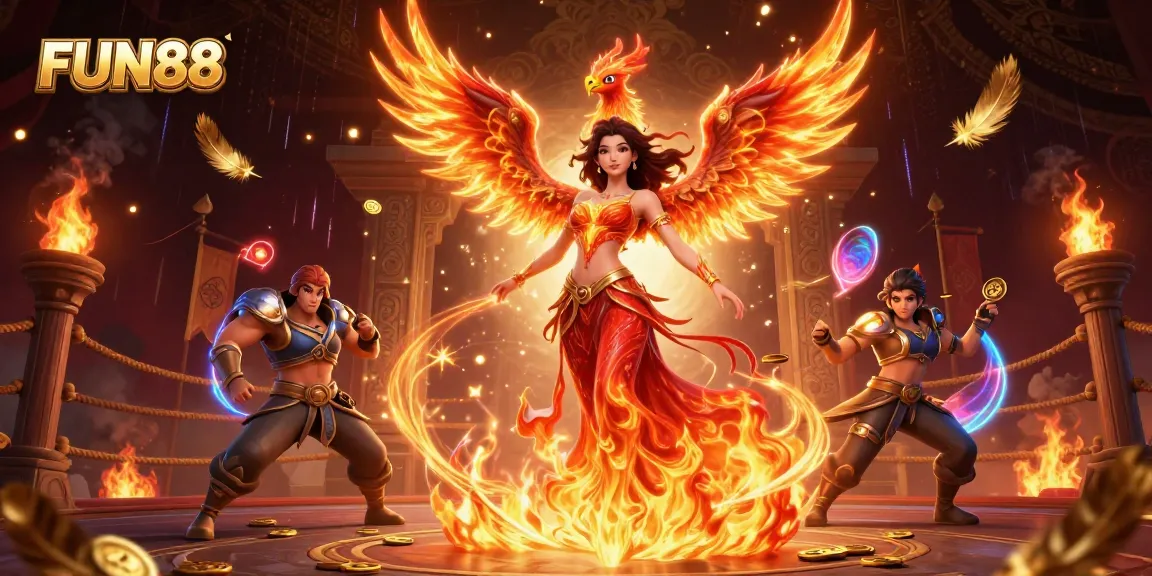 Experience thrilling gameplay with FUN88 as a stunning Asian woman in fiery attire navigates a vibrant casino realm.