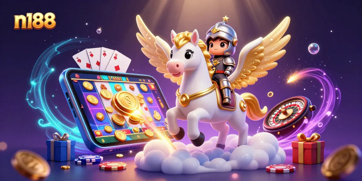 Experience n188's thrilling casino adventure with a celestial horse and knight amidst vibrant games.