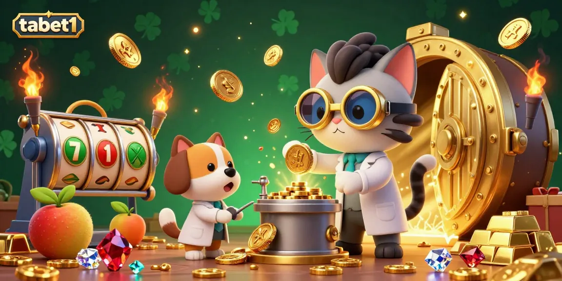 Spin the jackpot with tabet1, featuring vibrant slots and treasures in a dynamic casino scene.