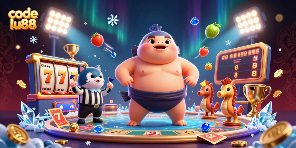Experience the vibrant scene of code lu88 with a fugu in an underwater ring amid slots and gold coins.